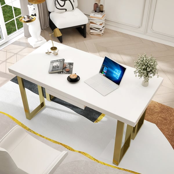 Modern White & Gold Rectangular Computer Desk with Drawer & Storage Shelf