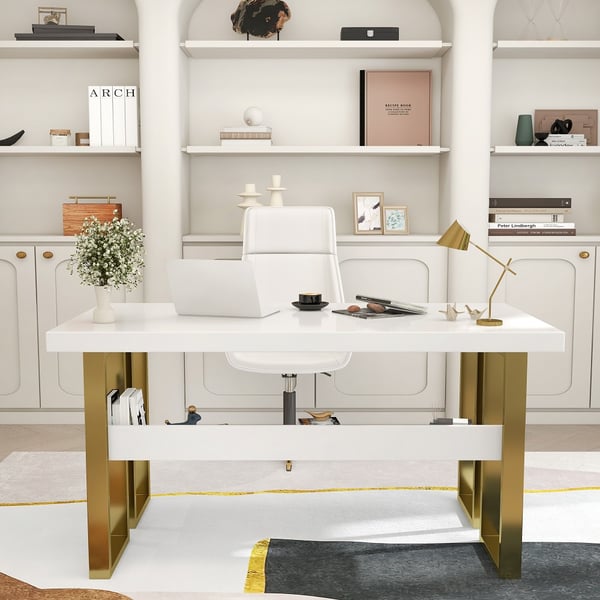 Modern White & Gold Rectangular Computer Desk with Drawer & Storage Shelf
