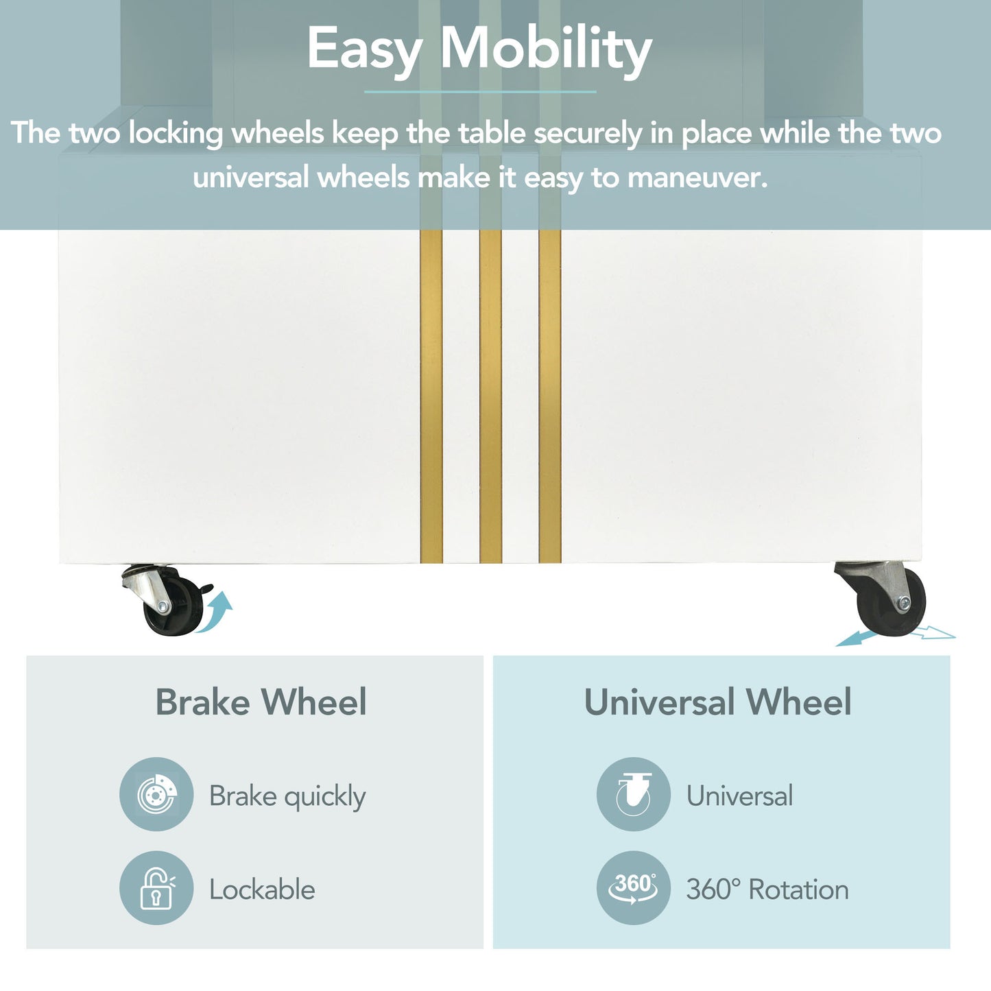 [VIDÉO fournie] Table basse contemporaine ON-TREND avec plateau en faux marbre, table de cocktail rectangulaire avec roulettes, table centrale de luxe modéré avec barres en métal doré pour le salon, blanc