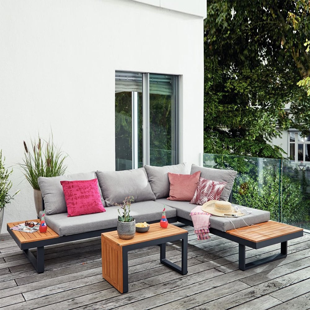 4 Seater Outdoor Acacia Sectional Sofa Set with Cushion and Side Table