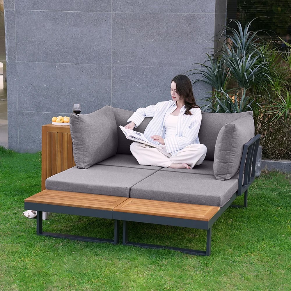 4 Seater Outdoor Acacia Sectional Sofa Set with Cushion and Side Table