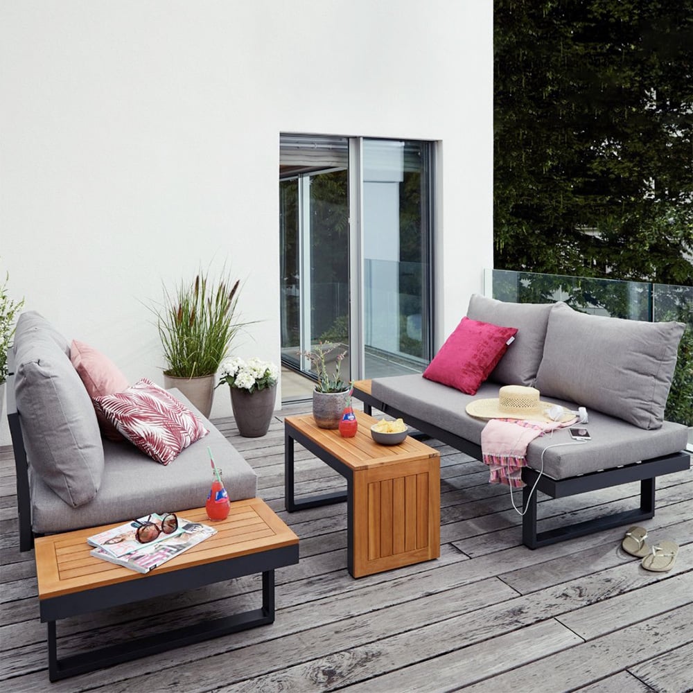 4 Seater Outdoor Acacia Sectional Sofa Set with Cushion and Side Table