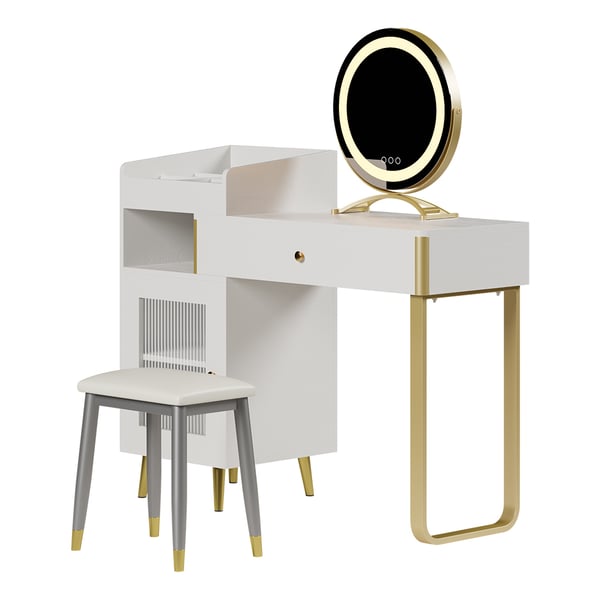 Modern White Retractable Makeup Vanity Set with Side Cabinet Dressing Table with Light