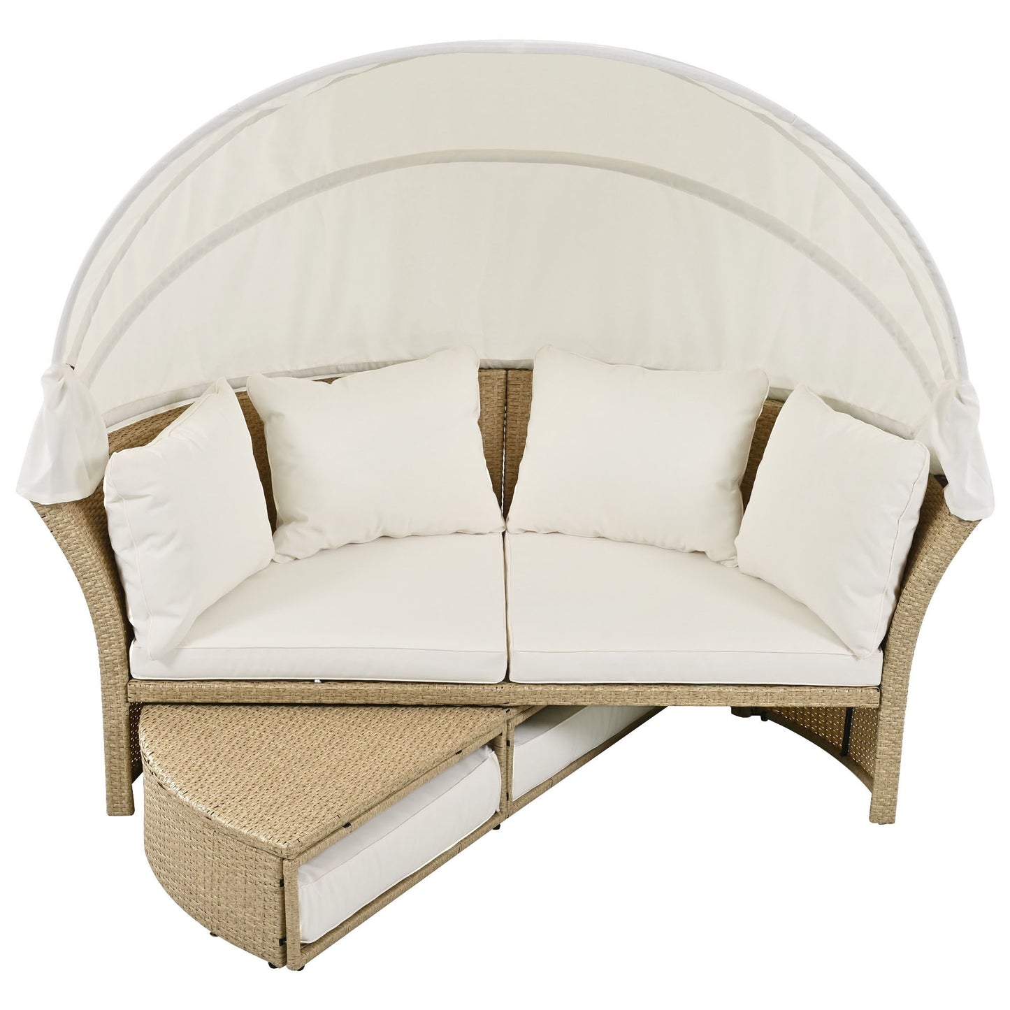 Outdoor Patio Daybed Wicker Rattan Double Daybed Round Sofa Furniture Set with Retractable Canopy, 4 Pillows for Lawn Garden Backyard Porch Pool, Beige