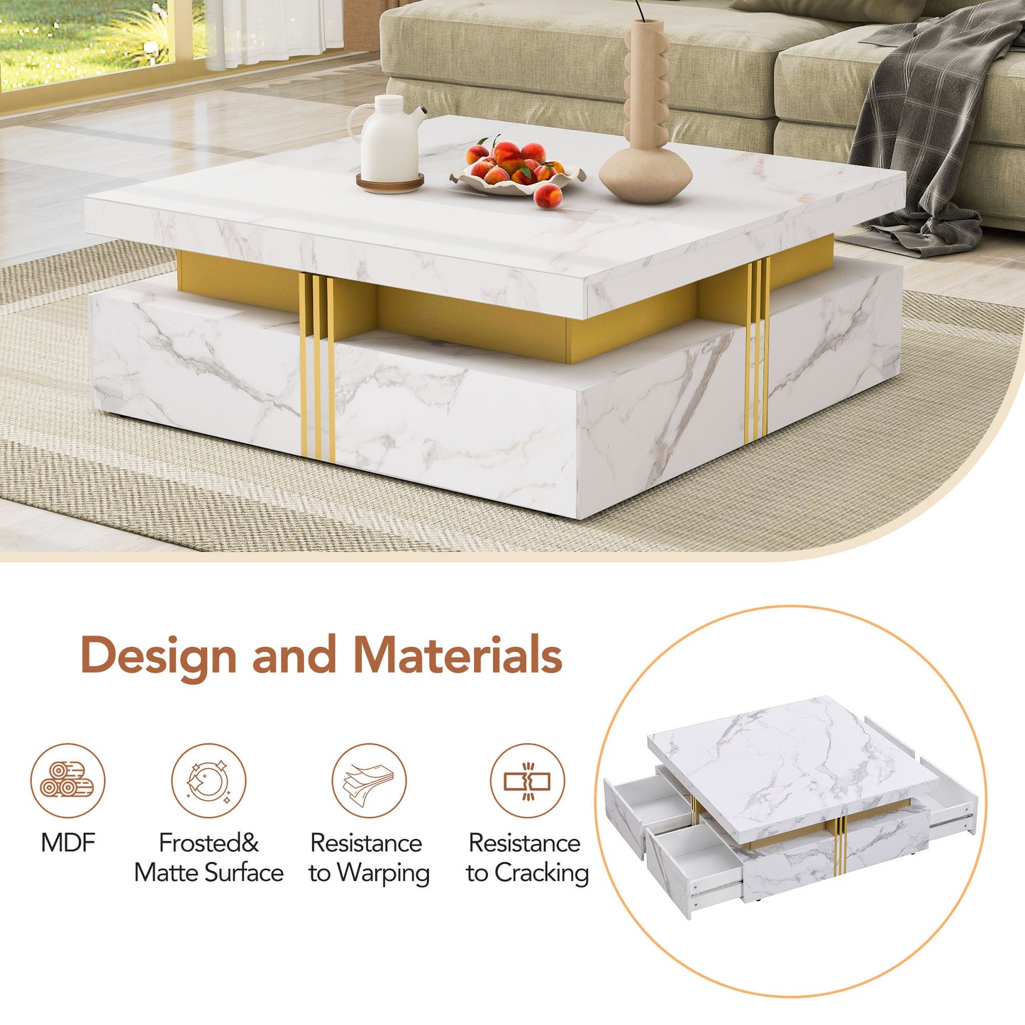 Modern White Square Storage Coffee Table with 4 Drawers