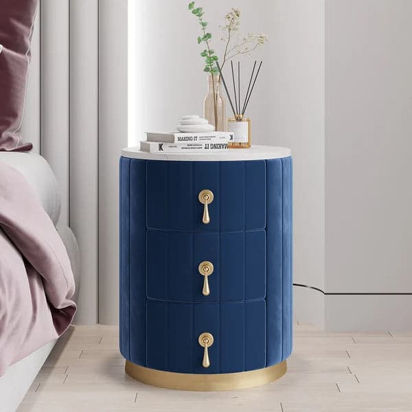 Blue Velvet Nightstand with Storage Sintered Stone Top Round Nightstand with 3 Drawers