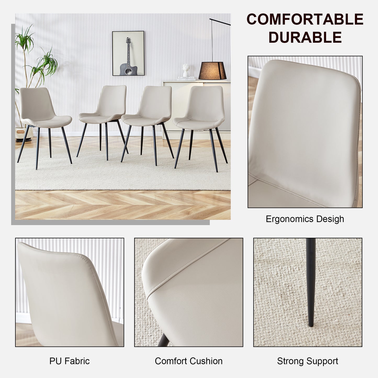 Light Gray Artificial Leather Dining Chairs with Black Metal Legs and Curved Cushions for Enhanced Comfort  - Set of 4