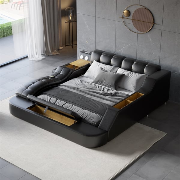 Black Smart Bed King Size Tufted Platform Bed with Massage, Storage & Speaker