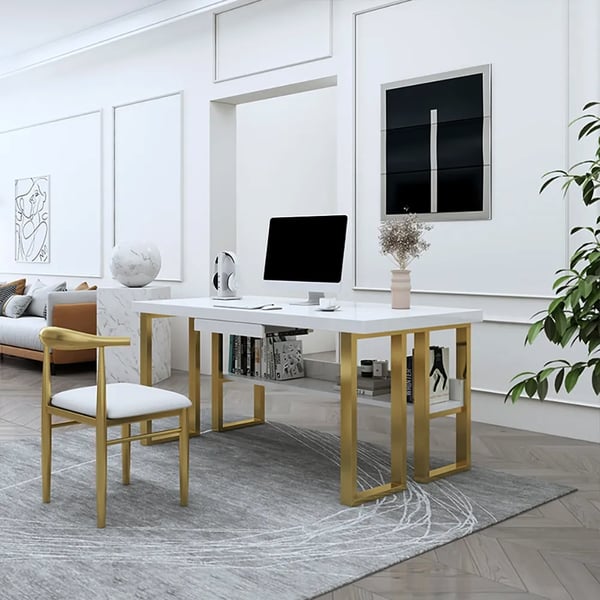 Modern White & Gold Rectangular Computer Desk with Keyboard Tray & Storage Shelf