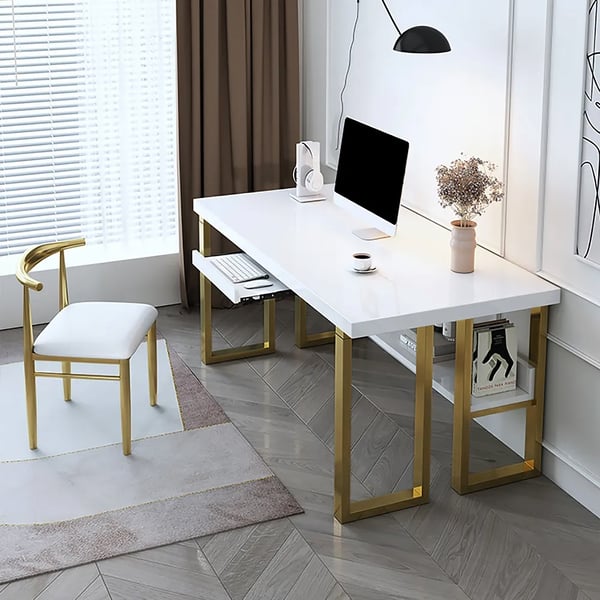 Modern White & Gold Rectangular Computer Desk with Keyboard Tray & Storage Shelf