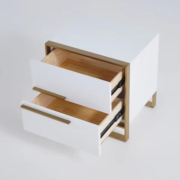 Modern 2 Drawers White Lacquer Nightstand Square Bedside Table in Gold Left