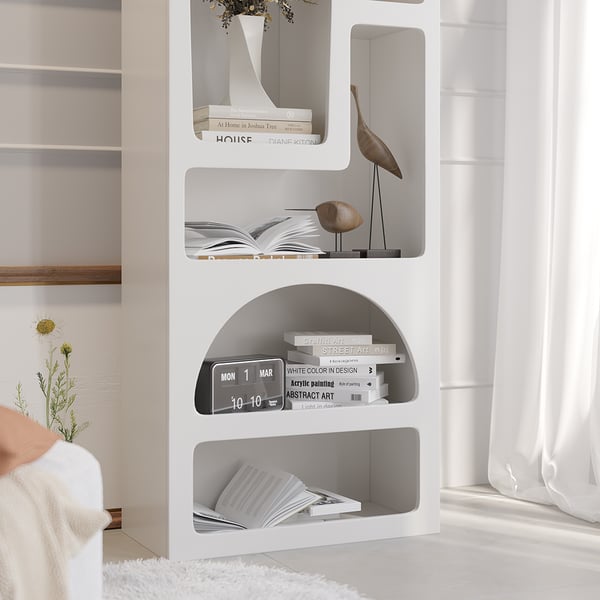 Bibliothèque arquée blanche Art déco de 59,1 pouces, grande bibliothèque japonaise ouverte géométrique en bois