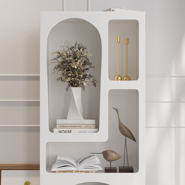 Bibliothèque arquée blanche Art déco de 59,1 pouces, grande bibliothèque japonaise ouverte géométrique en bois