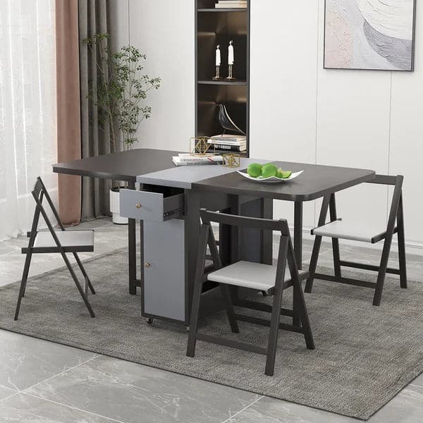 Ensemble de table à manger pliante en bois rectangulaire gris moderne de 59 po avec chaise, 5 pièces