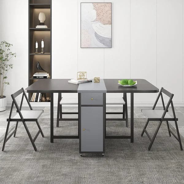 Ensemble de table à manger pliante en bois rectangulaire gris moderne de 59 po avec chaise, 5 pièces
