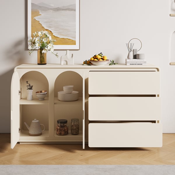 59" Modern Off White Sideboard Buffet with Storage Credenza Arch Door