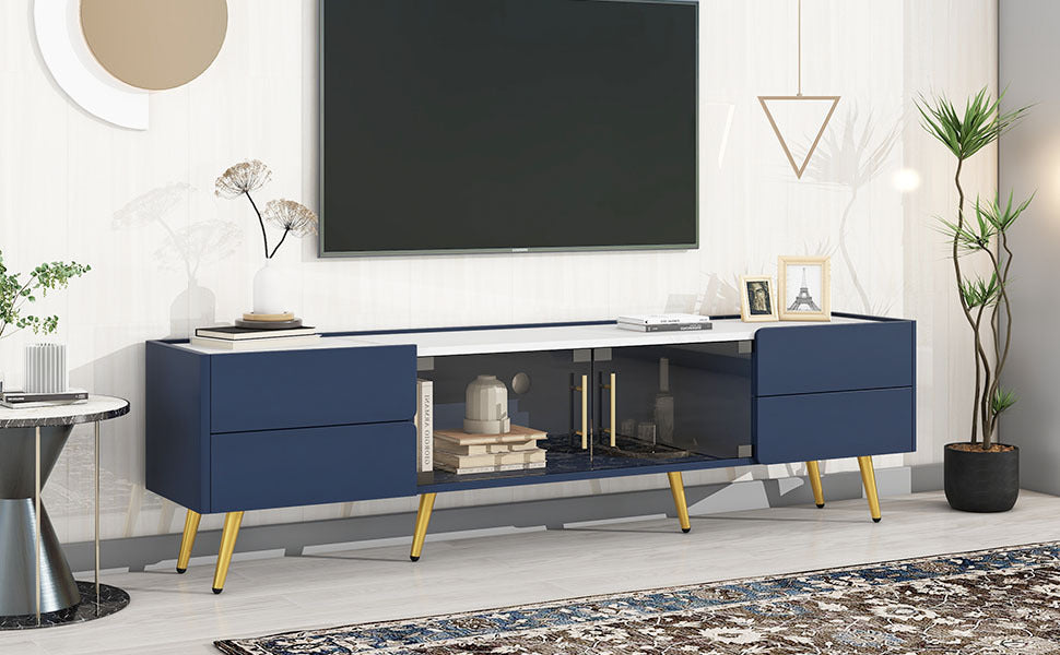 U-Can Modern TV Stand with LED lights for TVs up to 80 Inches, Entertainment Center with 4 Drawers and 1 Cabinet with Brown Glass Door, Media Console with Metal Legs and Handles for Living room