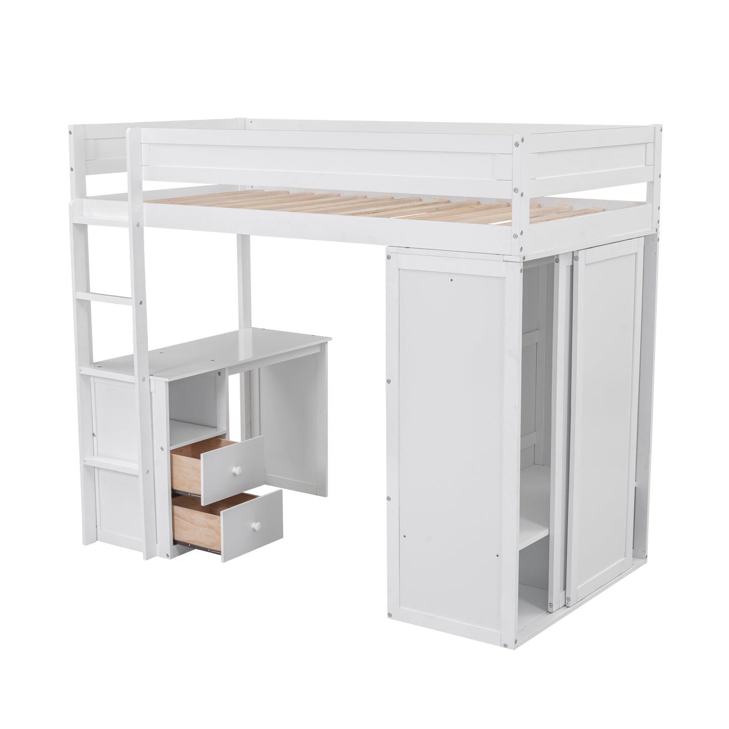 Lit mezzanine double en bois avec armoires et bureau à 2 tiroirs avec armoire, blanc