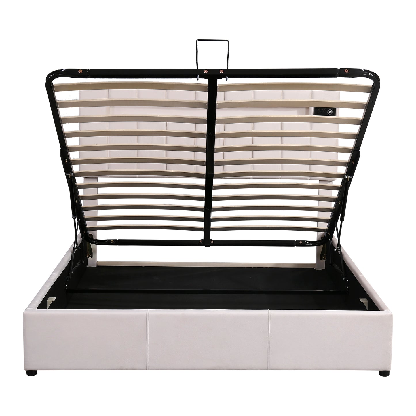 Lit rembourré Queen Size avec lumière LED, lecteur Bluetooth et chargement USB, lit de rangement hydraulique en tissu velours beige