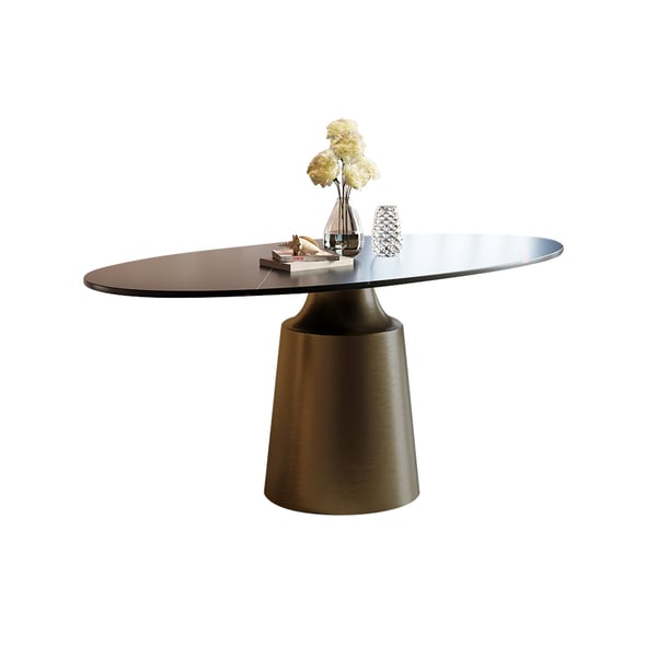 Table de salle à manger ovale moderne en pierre frittée de 63 po avec base en acier au carbone bronze
