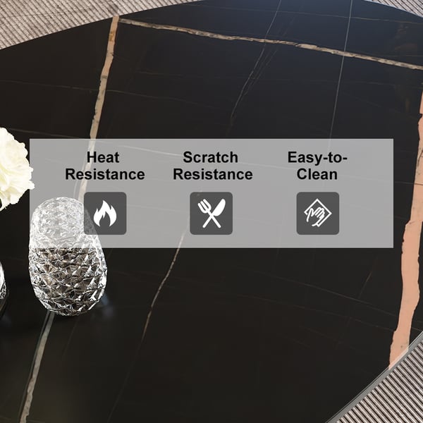 Table de salle à manger ovale moderne en pierre frittée de 63 po avec base en acier au carbone bronze