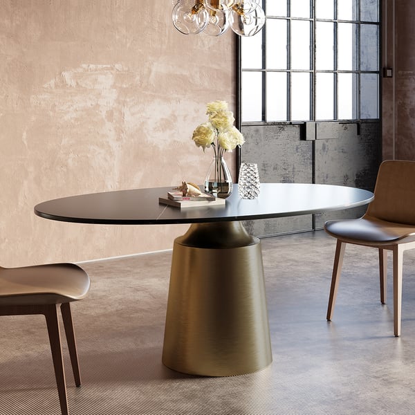 Table de salle à manger ovale moderne en pierre frittée de 63 po avec base en acier au carbone bronze