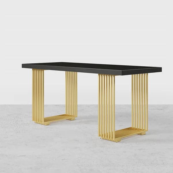 Modern Black Computer Desk Office Desk with Solid Wood Table Top & Gold Frame