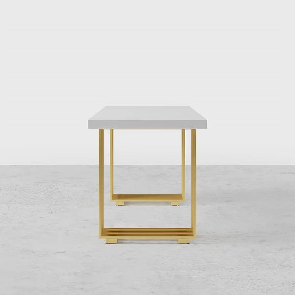Modern White Rectangular Office Desk with Solid Wood Table Top & Gold Frame