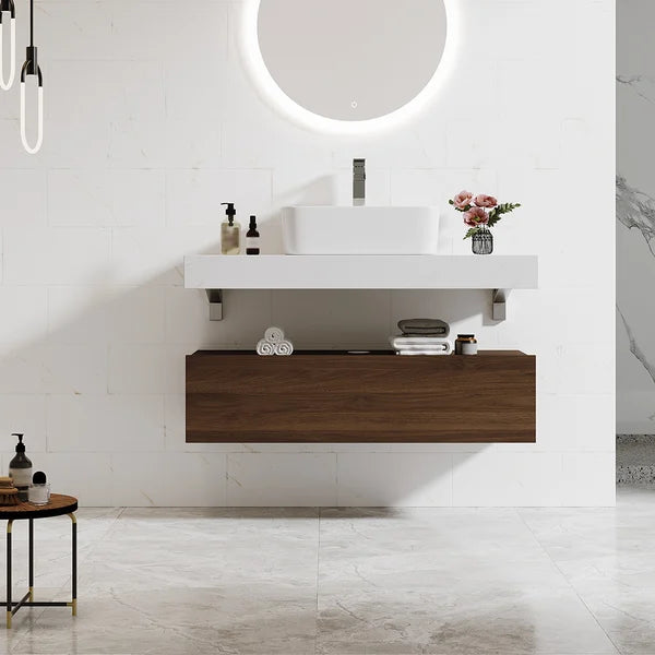 Modern Floating Bathroom Vanity Set With Single Sink White and Walnut