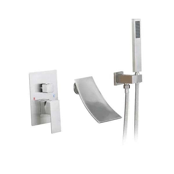Waterfall Wall-Mount Tub Filler Faucet Single Handle and Handshower Brushed Nickel