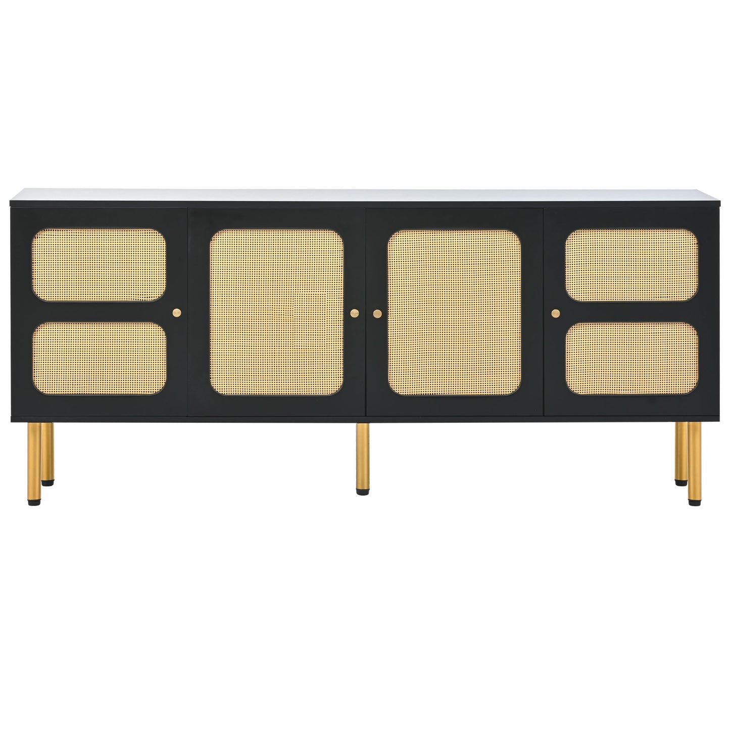 Meuble TV de style bohème ON-TREND avec porte en rotin, table console multimédia tissée pour téléviseurs jusqu'à 70", panneau latéral de style campagnard avec base en métal doré pour le salon, noir.