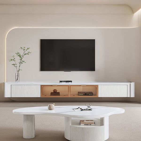 Wall-Mounted Fluted TV Stand with 2 Drawers and Flip Glass Doors Stone Top Media Console