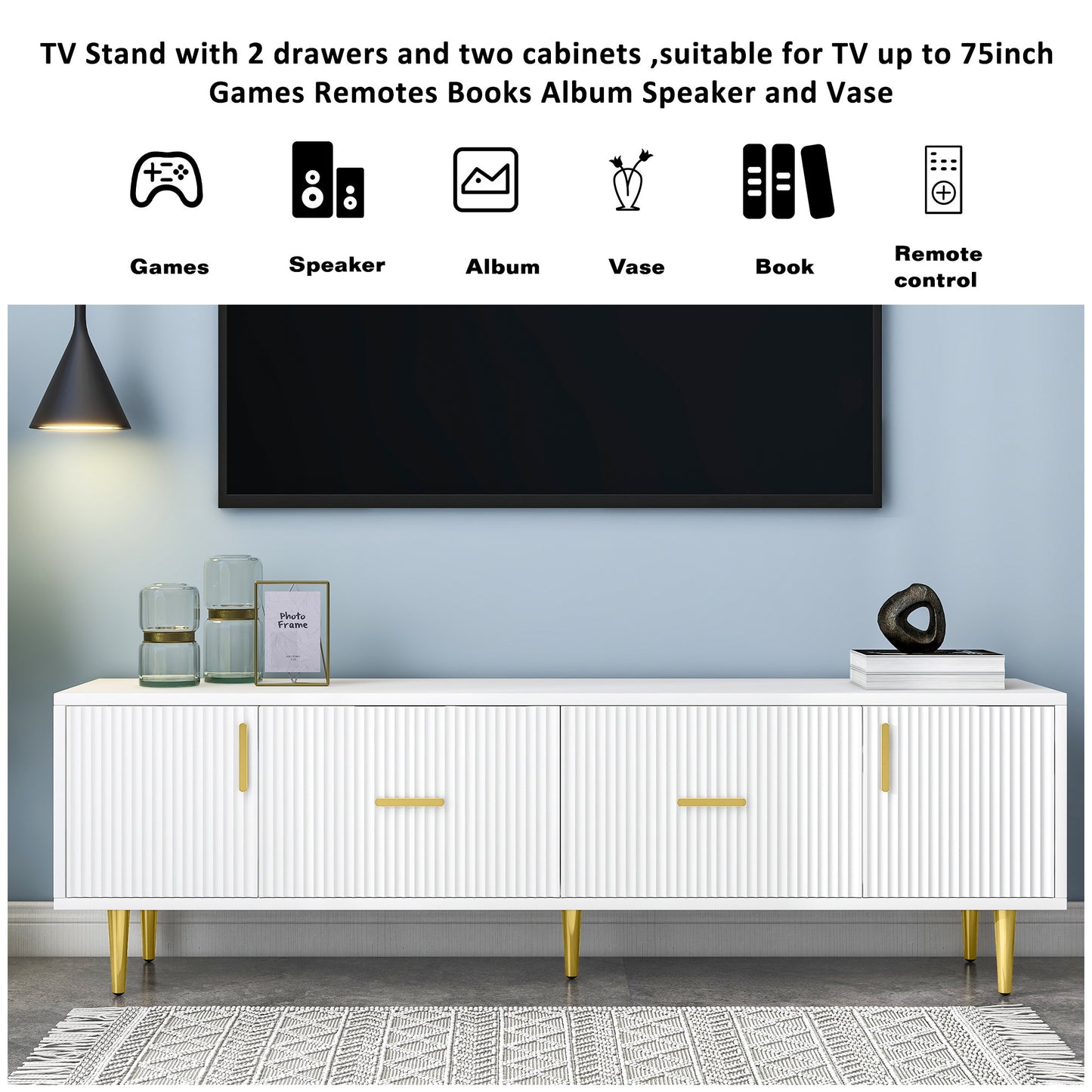 Meuble TV moderne U-Can avec 5 pieds champagne – Durable, élégant et spacieux, téléviseurs jusqu'à 75''