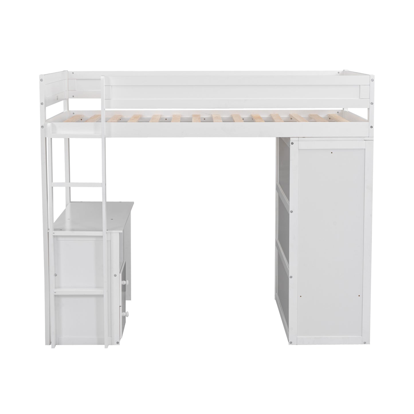 Lit mezzanine double en bois avec armoires et bureau à 2 tiroirs avec armoire, blanc