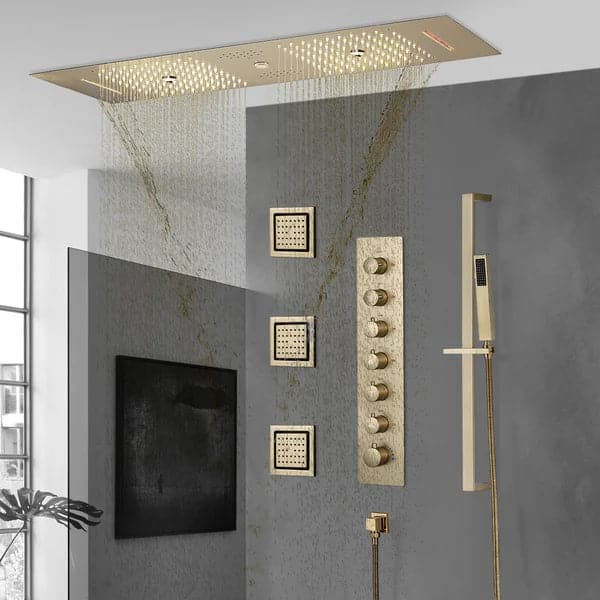 6 Functions Modern Thermostatic Massage Shower System Remote Controlled LED Brushed Gold