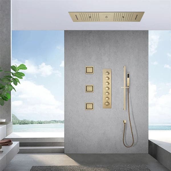 6 Functions Modern Thermostatic Massage Shower System Remote Controlled LED Brushed Gold