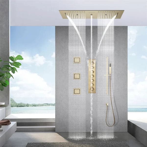 6 Functions Modern Thermostatic Massage Shower System Remote Controlled LED Brushed Gold