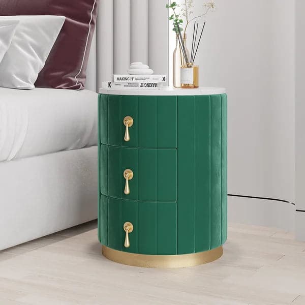 Modern Nightstand Green Round Nightstand with 3 Drawers Nightstand with Storage