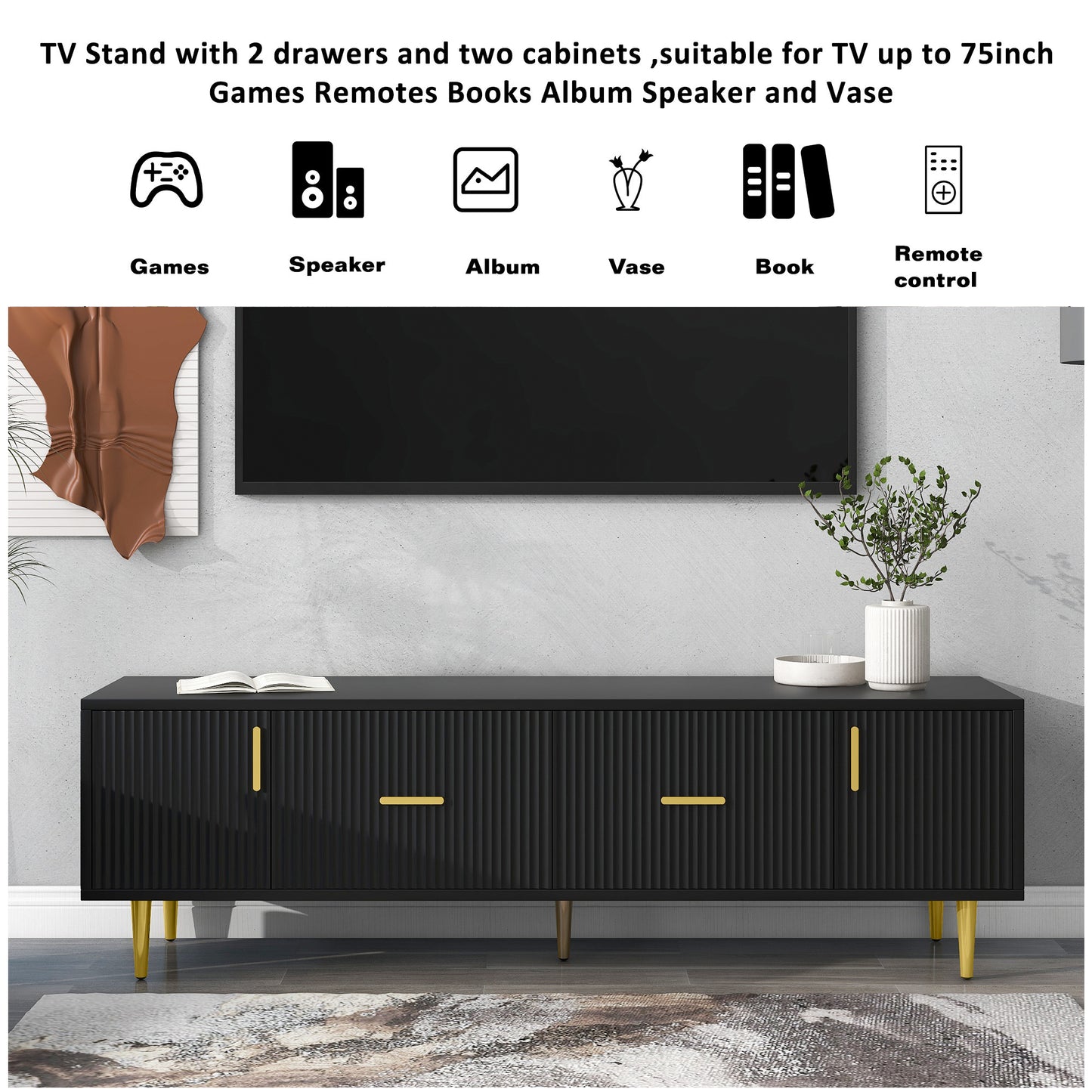 Meuble TV moderne U-Can avec 5 pieds champagne – Durable, élégant et spacieux, téléviseurs jusqu'à 75''