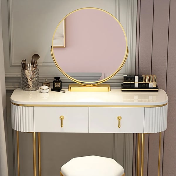 Modern White Oval Glossy Makeup Vanity with 2 Drawers & Rotatable Mirror & Stool