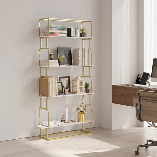 70.9 Modern Freestanding Etagere Bookshelf in Gold & White-S