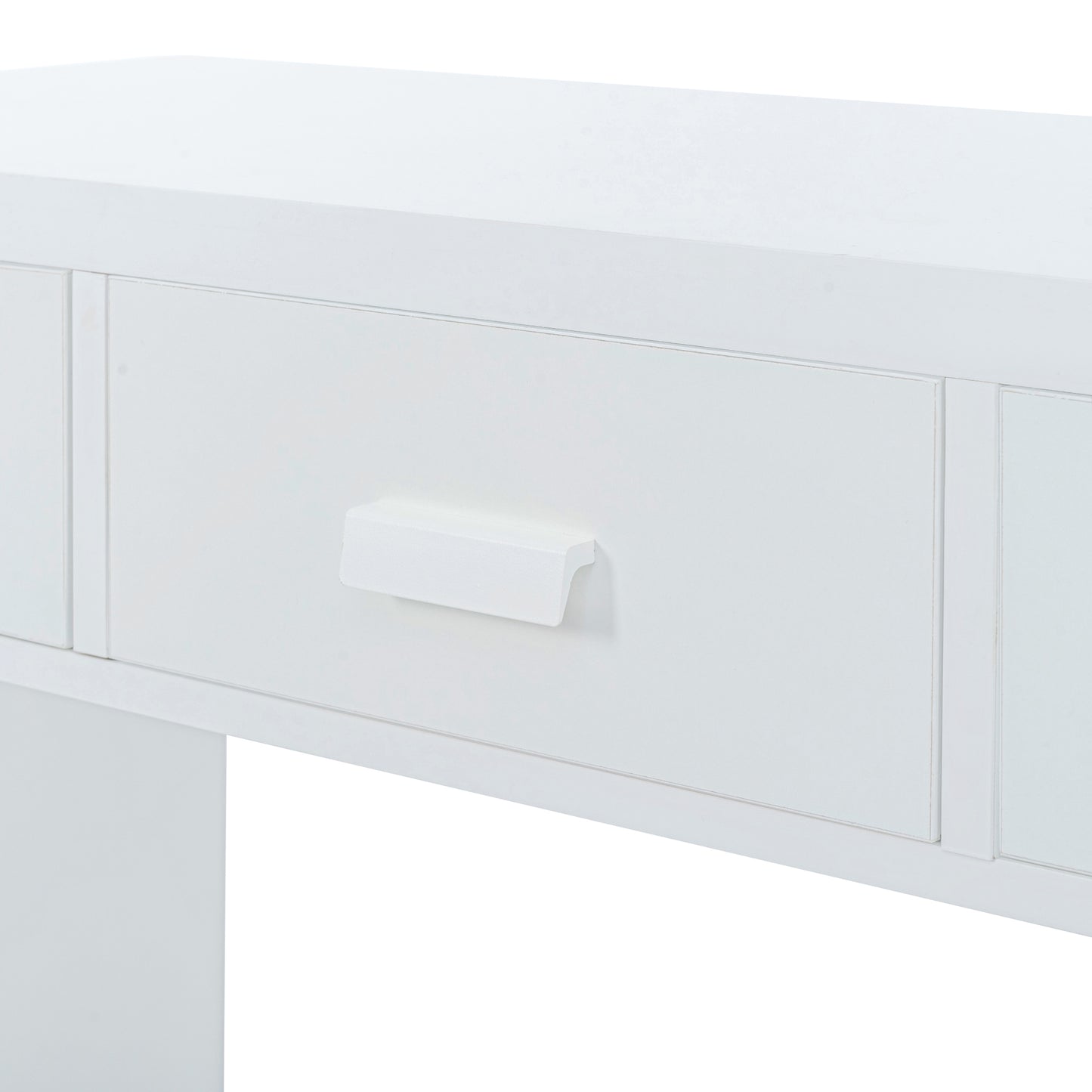 TREXM Modern Minimalist Console Table with Open Tabletop and Four Drawers with Metal Handles for Entry Way, Living Room and Dining Room (White)