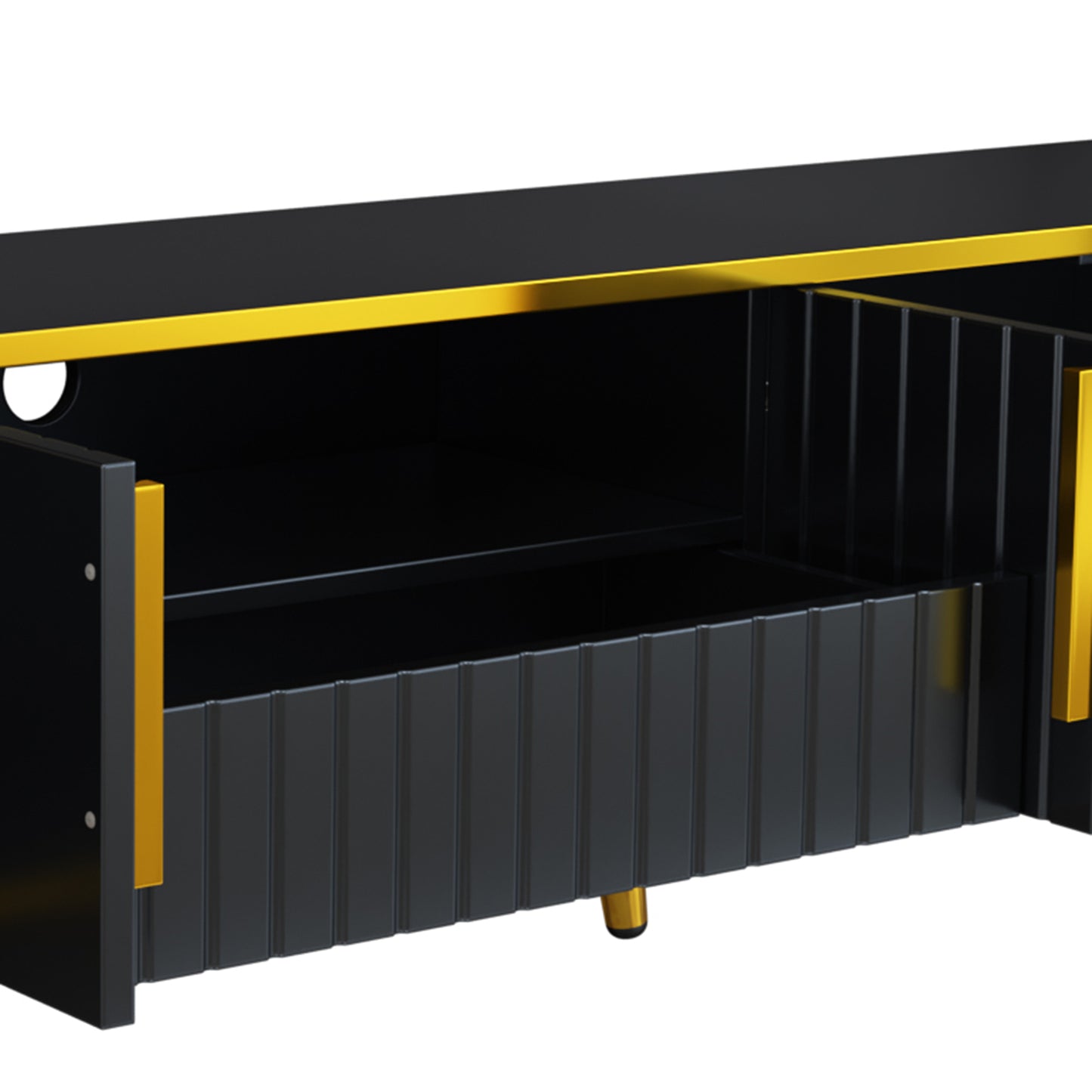 ON-TREND Meuble TV minimaliste de luxe avec étagère de rangement ouverte pour téléviseurs jusqu'à 85", centre de divertissement avec armoires et tiroirs, console multimédia pratique avec pieds uniques pour le salon, noir