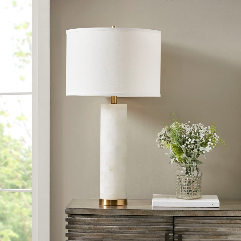 Elegant White Drum Shade with Gold Metal Base Table Lamp