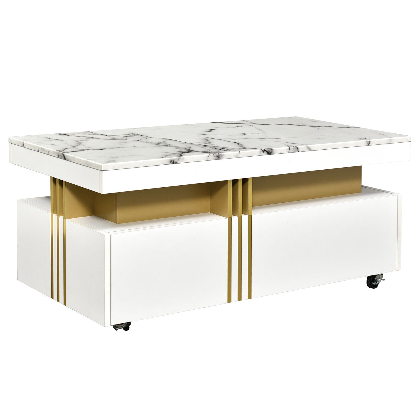 [VIDÉO fournie] Table basse contemporaine ON-TREND avec plateau en faux marbre, table de cocktail rectangulaire avec roulettes, table centrale de luxe modéré avec barres en métal doré pour le salon, blanc