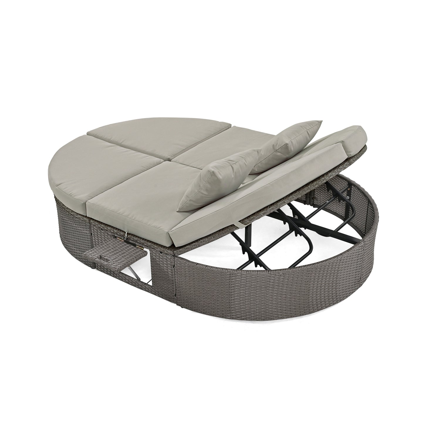 TOPMAX Lit de bronzage d'extérieur pour 2 personnes avec coussins et oreillers, chaise longue inclinable de jardin en rotin avec dossiers réglables et plateaux à tasses pliables pour pelouse, bord de piscine, gris