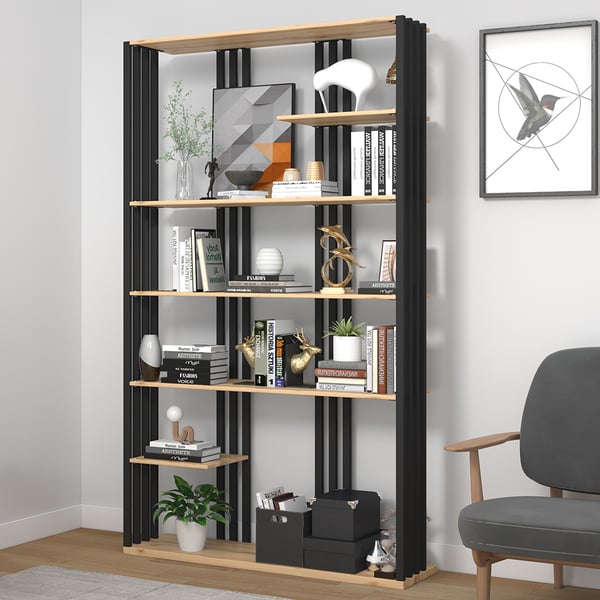 Modern Natural Etagere Bookcase 6-Tier Bookshelf Display in Black Finish