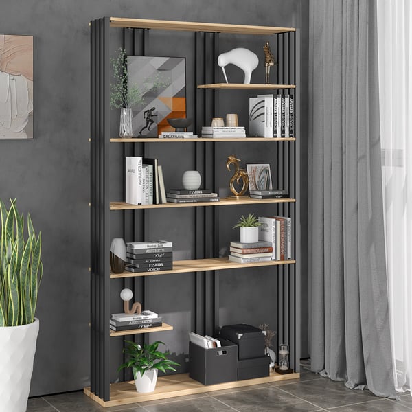 Modern Natural Etagere Bookcase 6-Tier Bookshelf Display in Black Finish