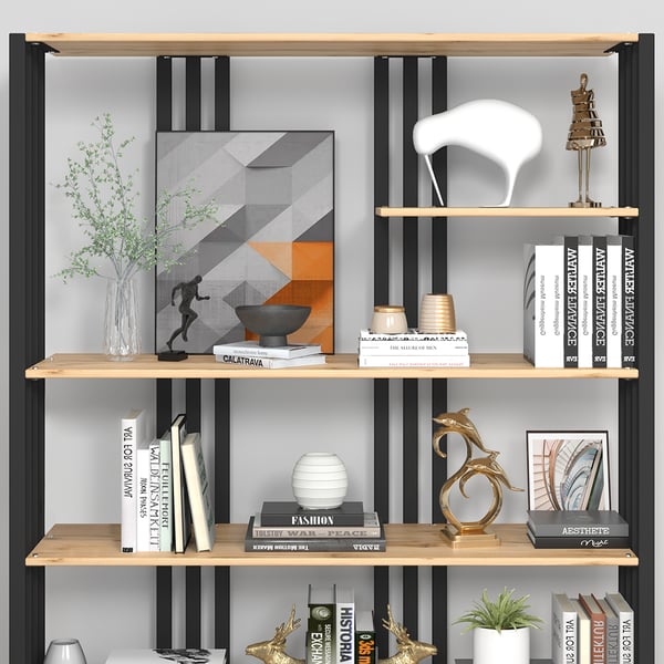 Modern Natural Etagere Bookcase 6-Tier Bookshelf Display in Black Finish