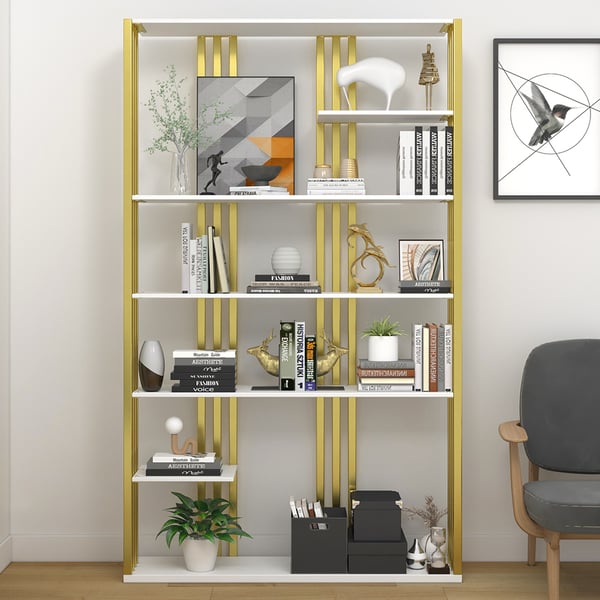 Modern Steel Etagere Bookshelf Display Shelving 6-Shelf White Tall Book Shelf